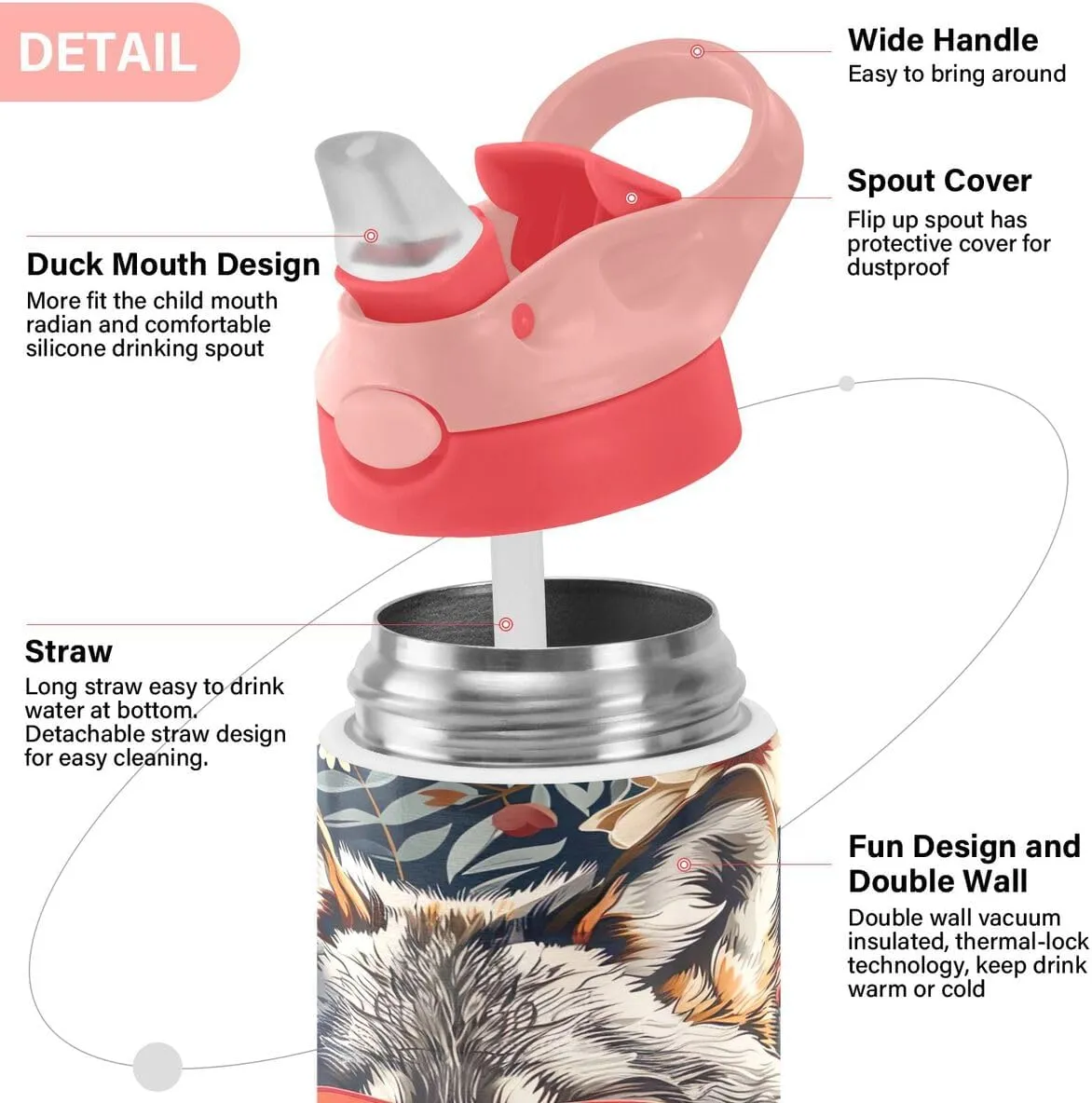 Nander Gray Wolf Insulated Kids Water Bottle 12oz,Double Wall Vacuum Stainless Steel Wide Mouth Sports Drinks Flask,Leak Proof BPA Free Travel Thermo Mug for Outdoor School