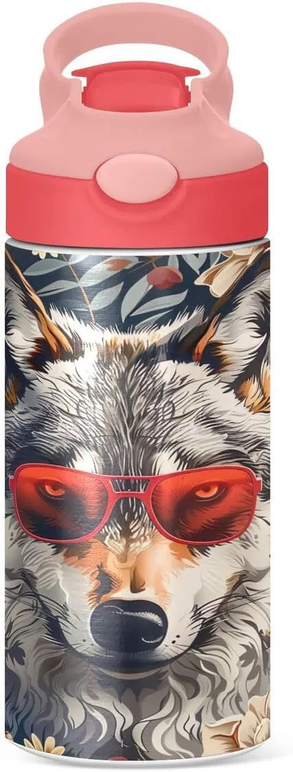 Nander Gray Wolf Insulated Kids Water Bottle 12oz,Double Wall Vacuum Stainless Steel Wide Mouth Sports Drinks Flask,Leak Proof BPA Free Travel Thermo Mug for Outdoor School