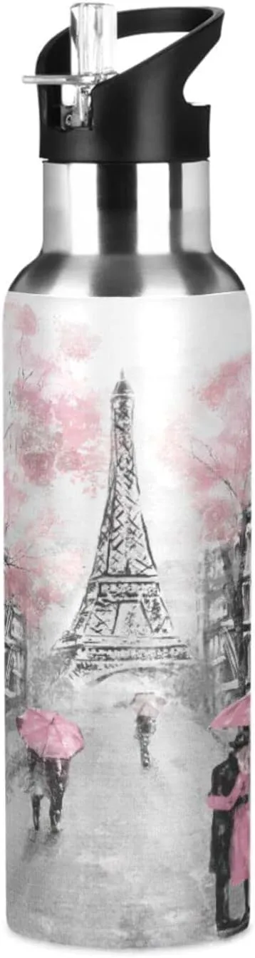 Nander Romantic Paris Eiffel Tower Sports Bottle and Travel Mug for Hot and Cold Beverages, Wide Mouth, Double Wall Insulated Hydration Sports Water Bottle for Hiking, Biking, and Activities, 22 OZ