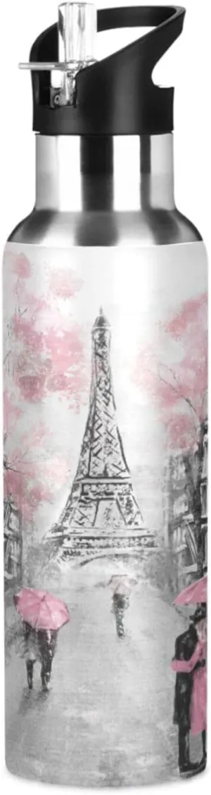 Nander Romantic Paris Eiffel Tower Sports Bottle and Travel Mug for Hot and Cold Beverages, Wide Mouth, Double Wall Insulated Hydration Sports Water Bottle for Hiking, Biking, and Activities, 22 OZ