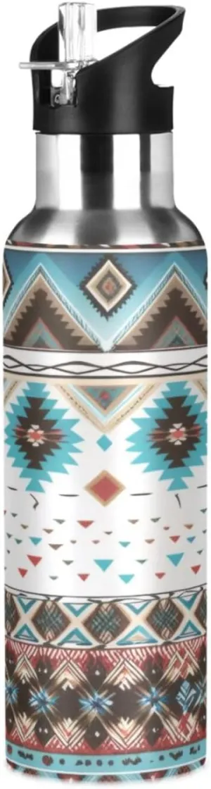 Native Tribal Navajo Insulated Water Bottle with Straw & Lid 22oz BPA Free Leakproof Stainless Steel Water Bottle Vacuum Double Wall Wide Mouth Sports Cup