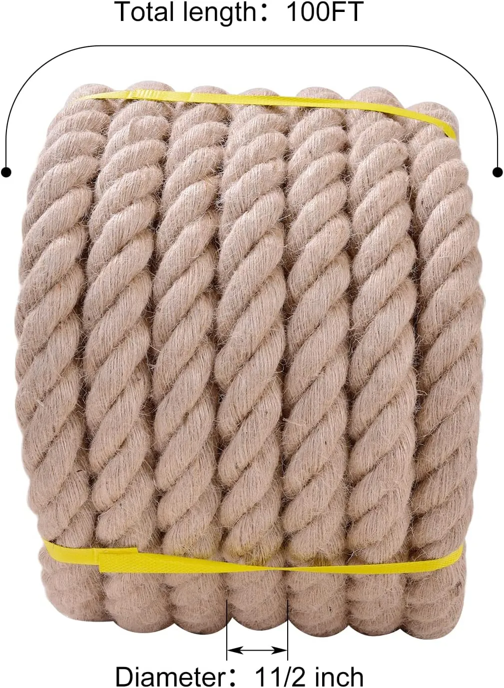 Natural Jute Rope 1-1/2 in x 100 Ft - Heavy Duty Thick Hemp Rope, Twisted Hemp Ropes for Crafts, Porch Swings, Tug of War, Nautical Decor, Landscaping & Home DIY Projects