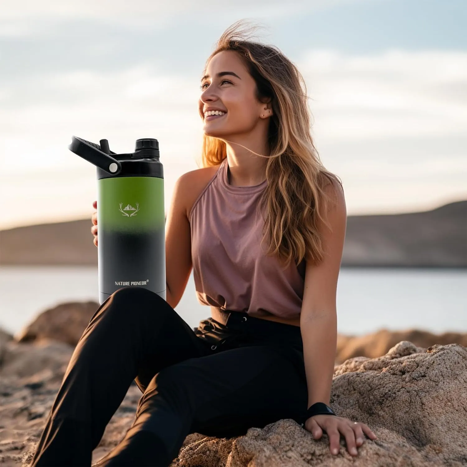 NATURE PIONEOR Insulated Water Bottles with Strap - 64 oz Stainless Steel Vacuum Wide Mouth Bottle with Holder/Carrier/Sleeve - Reusable 18/8 Food Grade Thermos Water Jug