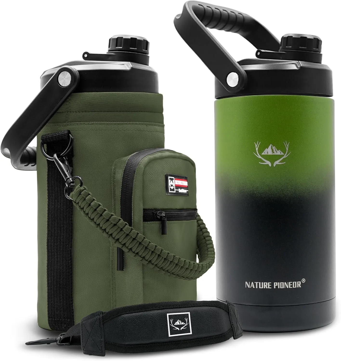NATURE PIONEOR Insulated Water Bottles with Strap - 64 oz Stainless Steel Vacuum Wide Mouth Bottle with Holder/Carrier/Sleeve - Reusable 18/8 Food Grade Thermos Water Jug