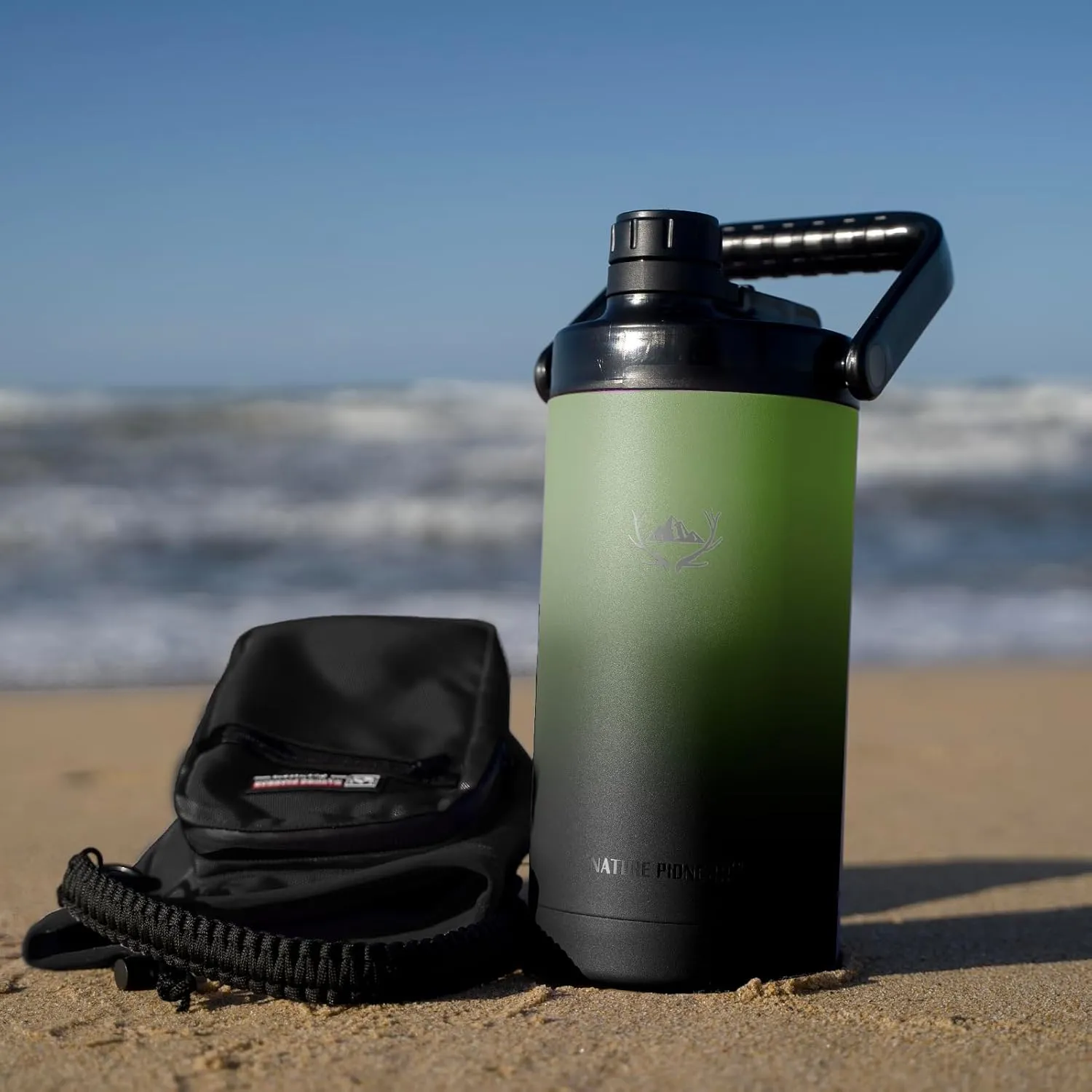 NATURE PIONEOR Insulated Water Bottles with Strap - 64 oz Stainless Steel Vacuum Wide Mouth Bottle with Holder/Carrier/Sleeve - Reusable 18/8 Food Grade Thermos Water Jug