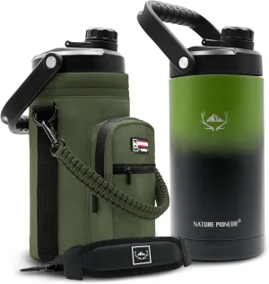 NATURE PIONEOR Insulated Water Bottles with Strap - 64 oz Stainless Steel Vacuum Wide Mouth Bottle with Holder/Carrier/Sleeve - Reusable 18/8 Food Grade Thermos Water Jug