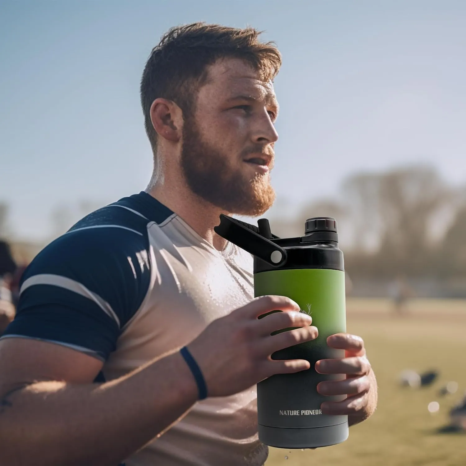 NATURE PIONEOR Insulated Water Bottles with Strap - 64 oz Stainless Steel Vacuum Wide Mouth Bottle with Holder/Carrier/Sleeve - Reusable 18/8 Food Grade Thermos Water Jug