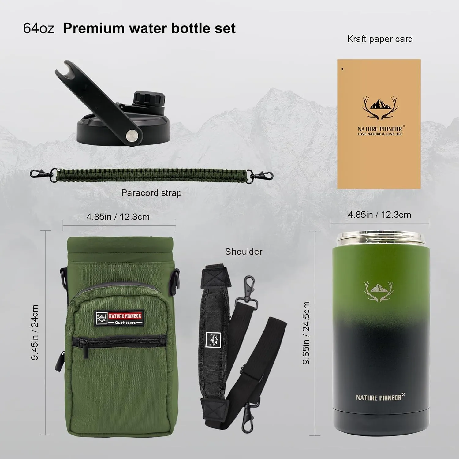NATURE PIONEOR Insulated Water Bottles with Strap - 64 oz Stainless Steel Vacuum Wide Mouth Bottle with Holder/Carrier/Sleeve - Reusable 18/8 Food Grade Thermos Water Jug