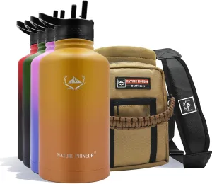NATURE PIONEOR Insulated Water Bottles with Straw - 64oz Stainless Steel Vacuum Bottle with Holder/Carrier/Sleeve - Reusable 18/8 Food Grade Thermos Water Jug