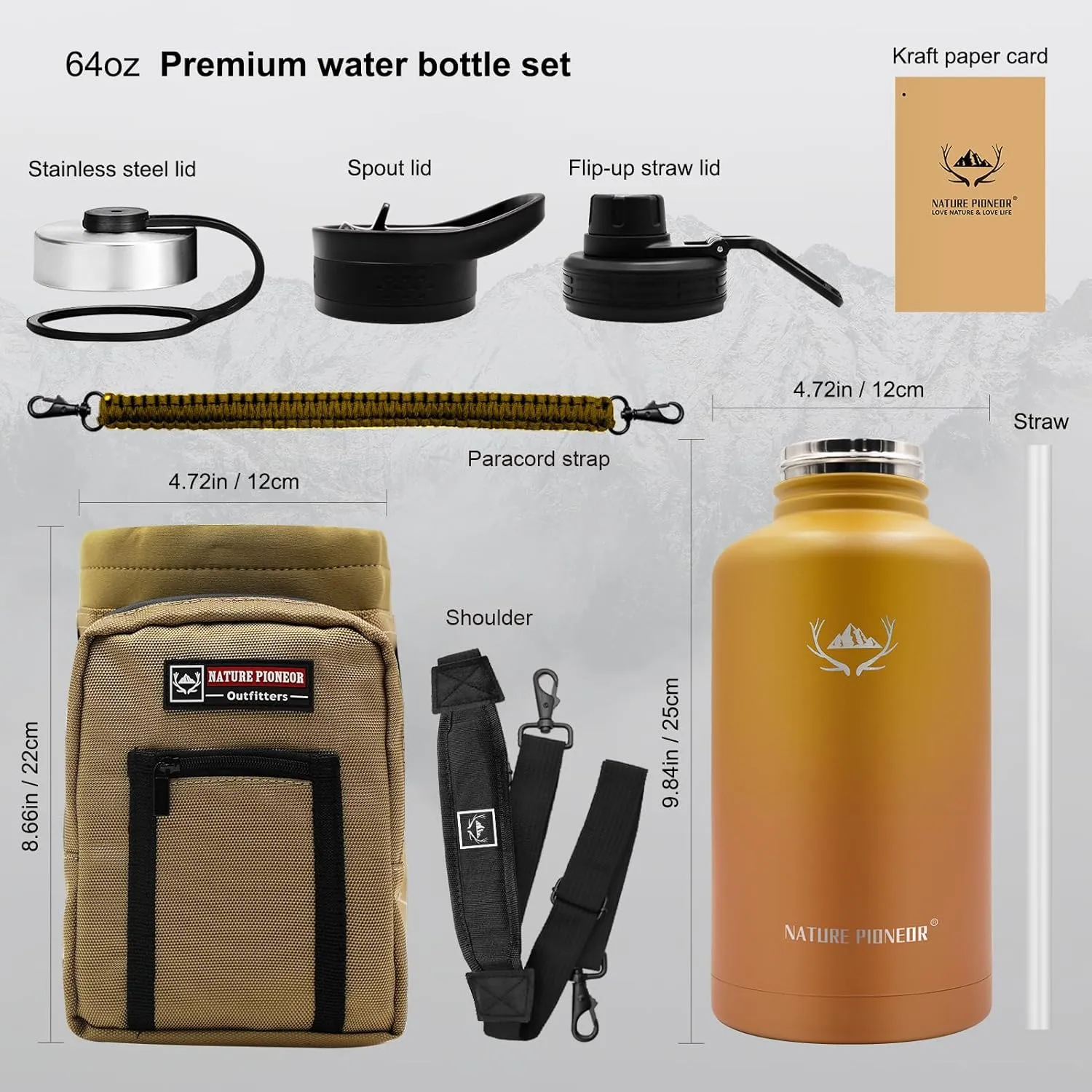 NATURE PIONEOR Insulated Water Bottles with Straw - 64oz Stainless Steel Vacuum Bottle with Holder/Carrier/Sleeve - Reusable 18/8 Food Grade Thermos Water Jug