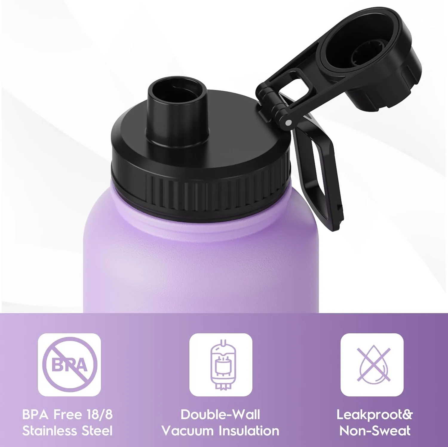 Navigate 32 oz Stainless Steel Insulated Water Bottle,Double Walled Leak Proof Keep Cold for 24 Hrs Hot for 12 Hrs,Wide Mouth Water Jug with Spout & Handle Lids,Purple