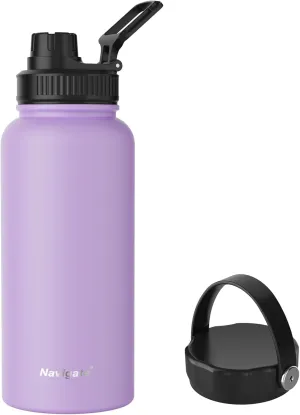 Navigate 32 oz Stainless Steel Insulated Water Bottle,Double Walled Leak Proof Keep Cold for 24 Hrs Hot for 12 Hrs,Wide Mouth Water Jug with Spout & Handle Lids,Purple