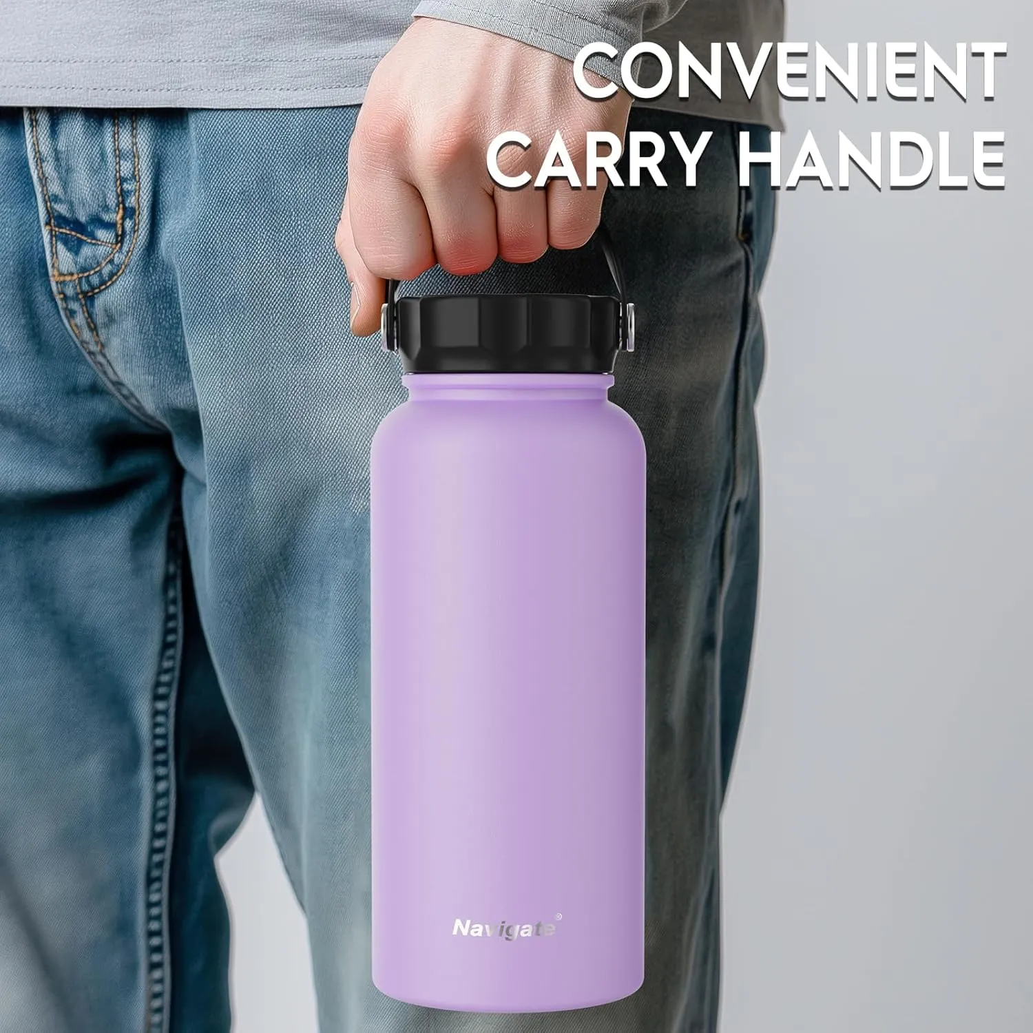 Navigate 32 oz Stainless Steel Insulated Water Bottle,Double Walled Leak Proof Keep Cold for 24 Hrs Hot for 12 Hrs,Wide Mouth Water Jug with Spout & Handle Lids,Purple