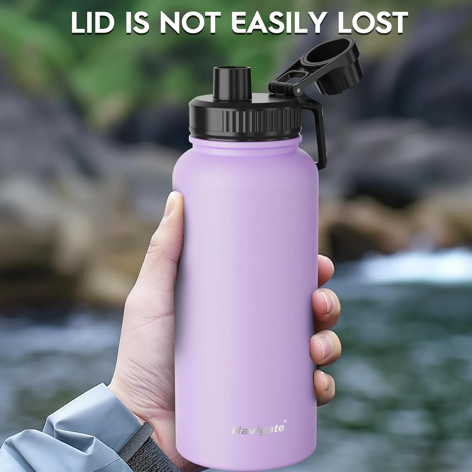 Navigate 32 oz Stainless Steel Insulated Water Bottle,Double Walled Leak Proof Keep Cold for 24 Hrs Hot for 12 Hrs,Wide Mouth Water Jug with Spout & Handle Lids,Purple