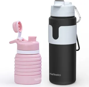 Nefeeko 26oz Collapsible Water Bottles Bundles, Silicone Foldable Water Bottles Leakproof BPA Free Travel Water Bottles with Carabiner (Pink Black)