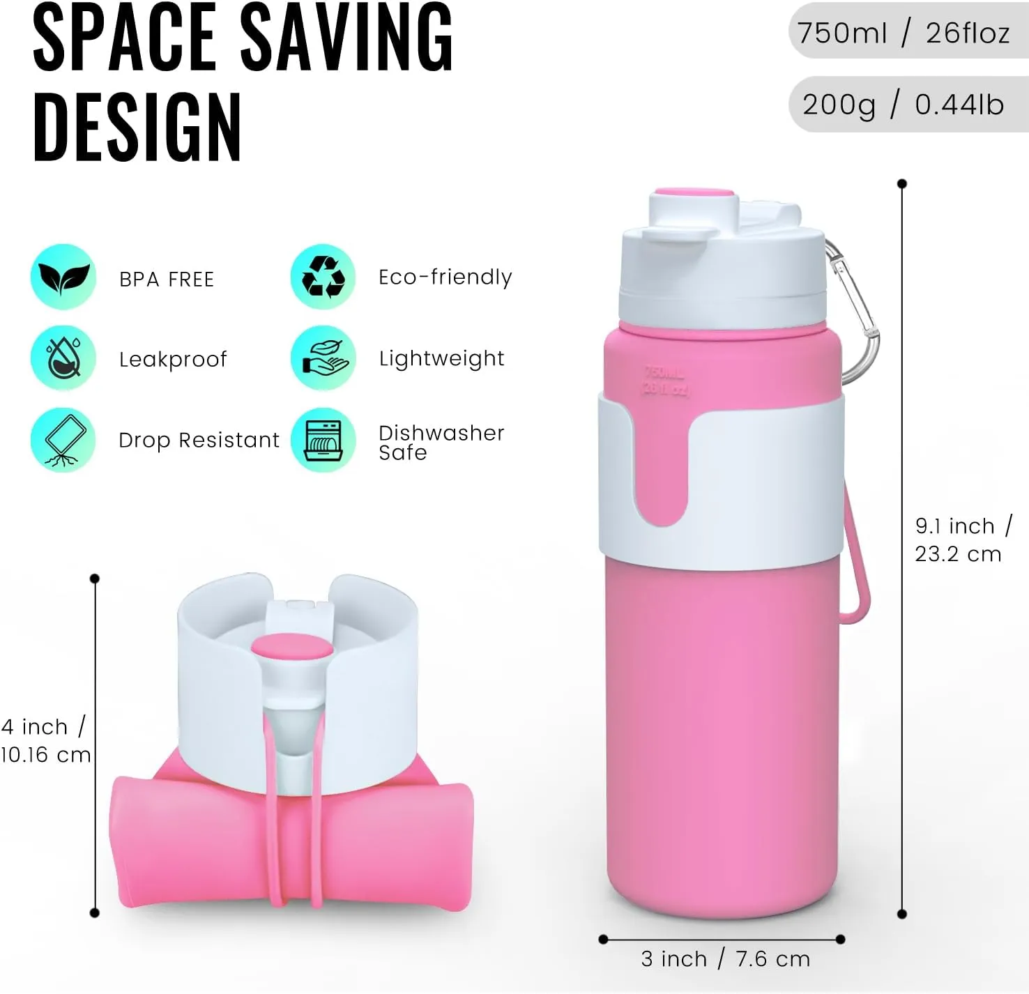 Nefeeko Collapsible Water Bottle, BPA Free 26oz Foldable Water Bottle for Travel Sports, Leak-Proof Spill-Proof Portable Water Bottles with Carabiner, Lightweight