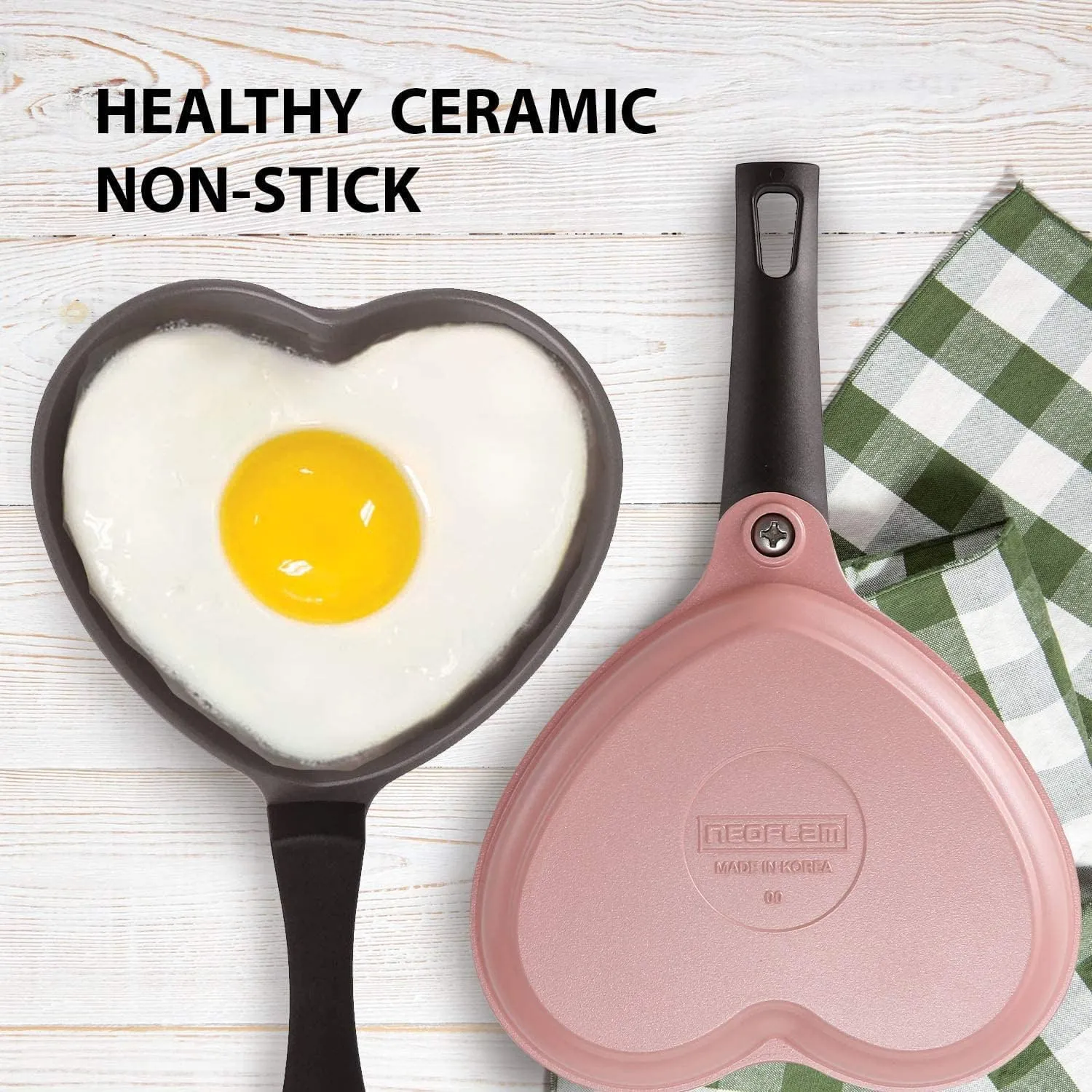Neoflam 5.5'' Ceramic Nonstick Little Shaped, Frying Griddle Pan, Shaper Mini Pancake Waffle Maker with Heat Resistant Handle for Breakfast Scrambled Egg, Grilled Cheese, Pink Heart (51101)