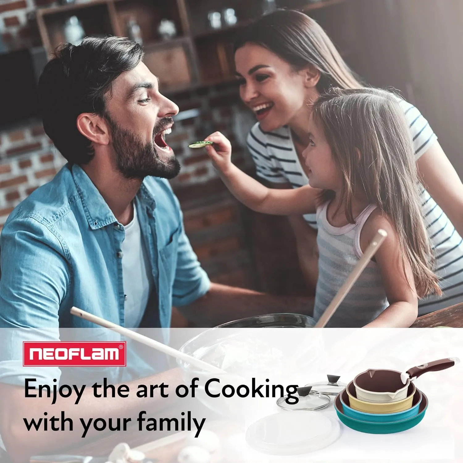 Neoflam Midas 9pc Nonstick Ceramic Cookware Set, PFOA Free Kitchenware with Saucepan, Frying Pan, Stove|Oven Pot, Tempered Glass Lids and Smart Detachable Handle, Oven Safe, Space-Saving, Misty Forest