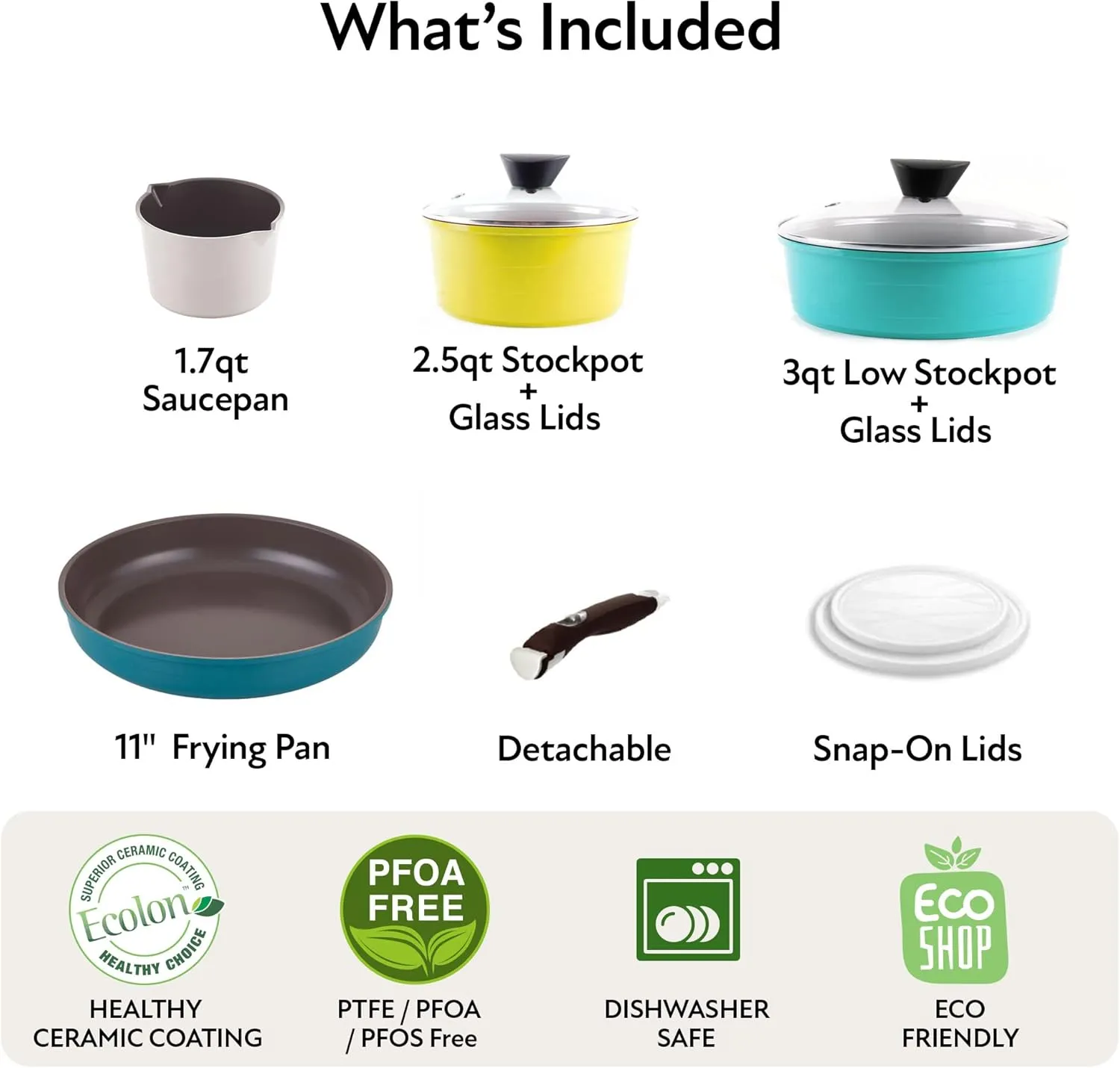 Neoflam Midas 9pc Nonstick Ceramic Cookware Set, PFOA Free Kitchenware with Saucepan, Frying Pan, Stove|Oven Pot, Tempered Glass Lids and Smart Detachable Handle, Oven Safe, Space-Saving, Misty Forest