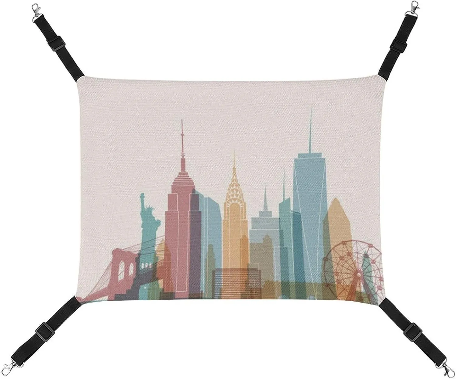 New York City Skyline Silhouette Cat Hanging Hammock Soft Breathable Pet Cage Dog Hammock with Adjustable Straps and Metal Hooks
