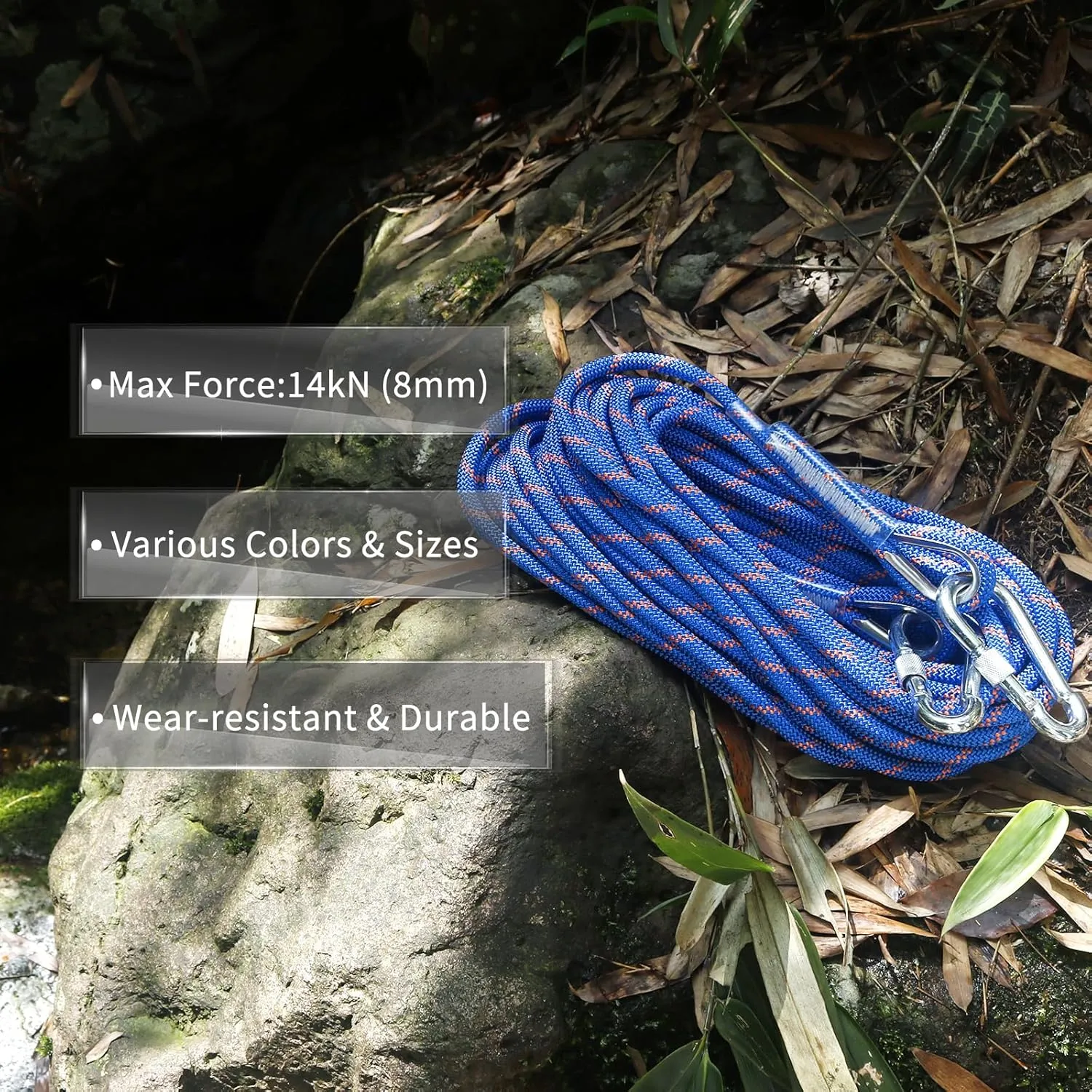 NewDoar 14KN Static Climbing Rope 8mm(5/16in) Accessory Cord Equipment 33FT(10M) 66FT(20M) 98FT(30M) 165FT(50M) Escape Rope with 2 Carabiners for Ice Climbing Equipment Fire Rescue Rope-Blue/30M