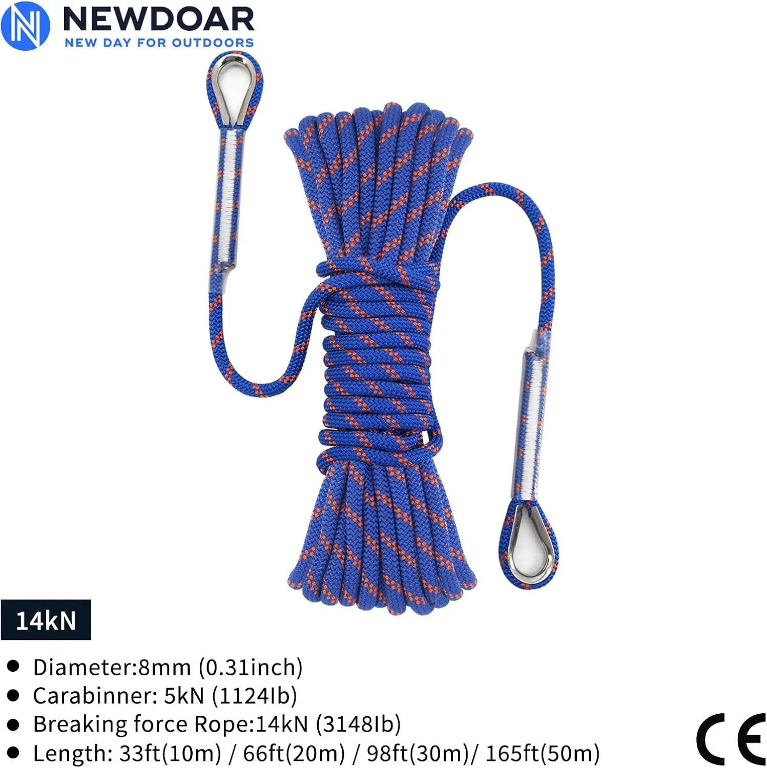 NewDoar 14KN Static Climbing Rope 8mm(5/16in) Accessory Cord Equipment 33FT(10M) 66FT(20M) 98FT(30M) 165FT(50M) Escape Rope with 2 Carabiners for Ice Climbing Equipment Fire Rescue Rope-Blue/30M