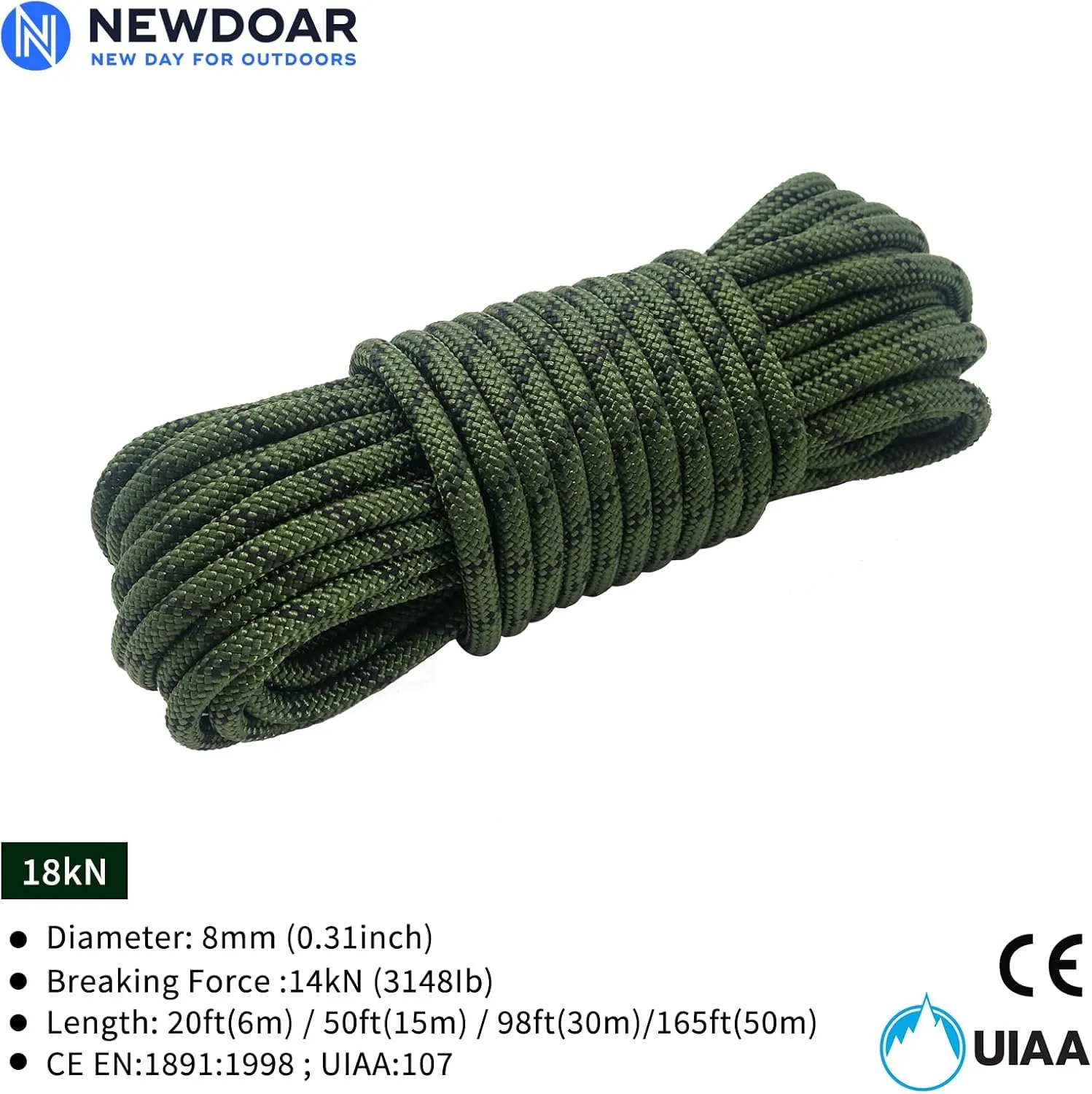 NewDoar CE & UIAA Certificated 14KN 8mm(5/16in) Static Climbing Rope High Strength Accessory Cord Double Braid Safety Rope for Outdoor Survival, Hiking, Mountaineering (ArmyGreen 8mm,98ft)