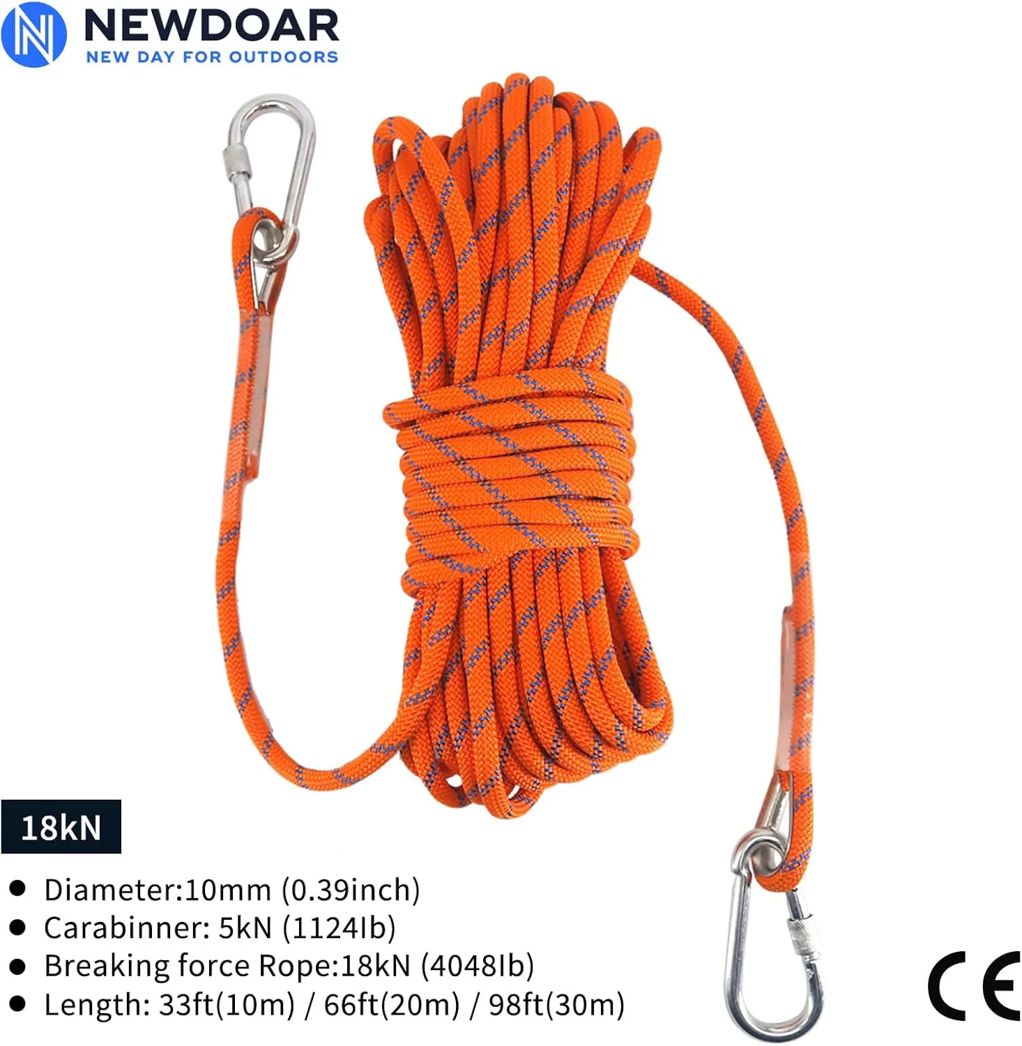 NewDoar Climbing Rope 8(5/16in),10mm (3/8in), High Strength Accessory Cord Rope with 2 Steel Hooks, for Outdoor Rescue Rappelling Rope Down Cliffs ledges Safety Escape Tow Strap Equipment(Orange)