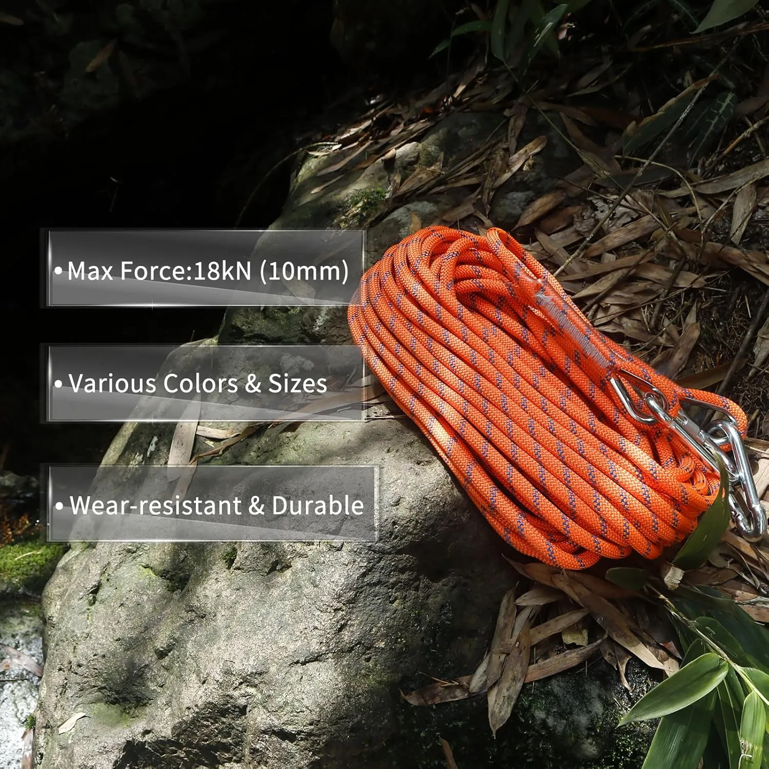 NewDoar Climbing Rope 8(5/16in),10mm (3/8in), High Strength Accessory Cord Rope with 2 Steel Hooks, for Outdoor Rescue Rappelling Rope Down Cliffs ledges Safety Escape Tow Strap Equipment(Orange)