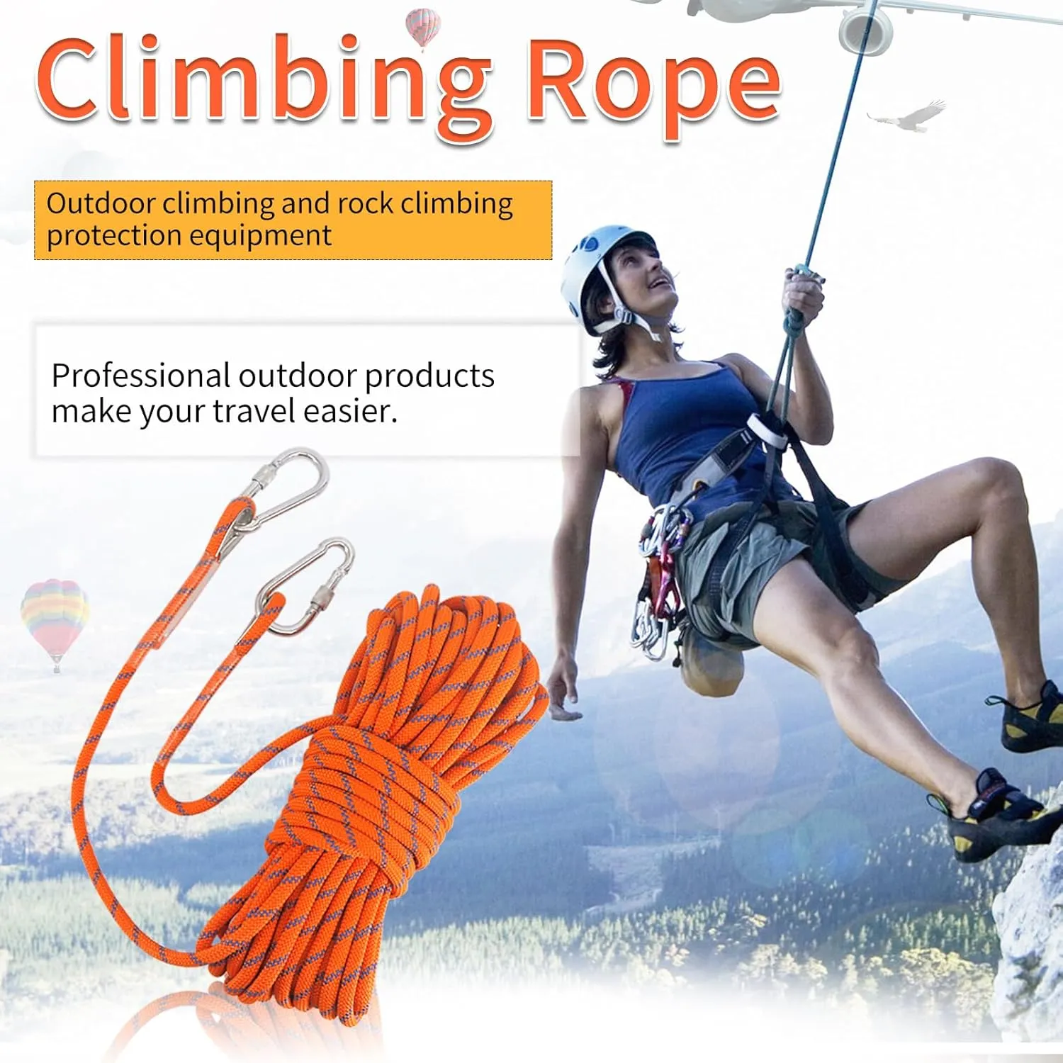 NewDoar Climbing Rope 8(5/16in),10mm (3/8in), High Strength Accessory Cord Rope with 2 Steel Hooks, for Outdoor Rescue Rappelling Rope Down Cliffs ledges Safety Escape Tow Strap Equipment(Orange)
