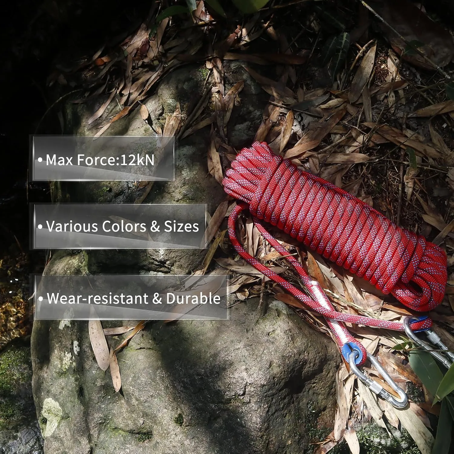 NewDoar Climbing Rope 8(5/16in),10mm (3/8in), High Strength Accessory Cord Rope with 2 Steel Hooks, for Outdoor Rescue Rappelling Rope Down Cliffs ledges Safety Escape Tow Strap Equipment(red)