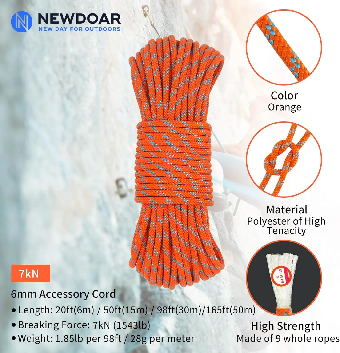 NewDoar Static Climbing Rope 6mm Accessory Cord Rope,for Arborist Tree, Mountaineering, Sailboat Rope,Dock Lines,Hauling Dragginge