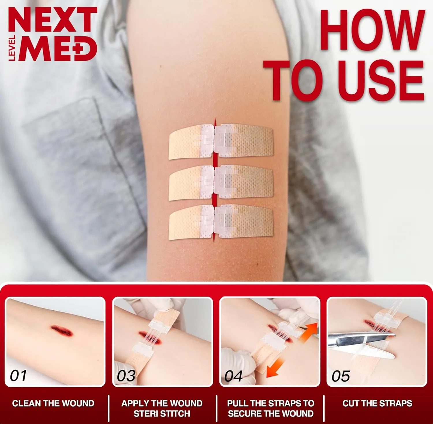 NEXT LEVEL MED Zip-Stitch Wounds & Cuts Closure Kit - Comprehensive First-Aid Set with 3 Steri Stitch & 4 Zip Stitch Variations, Complete Wound Care Without Stitches