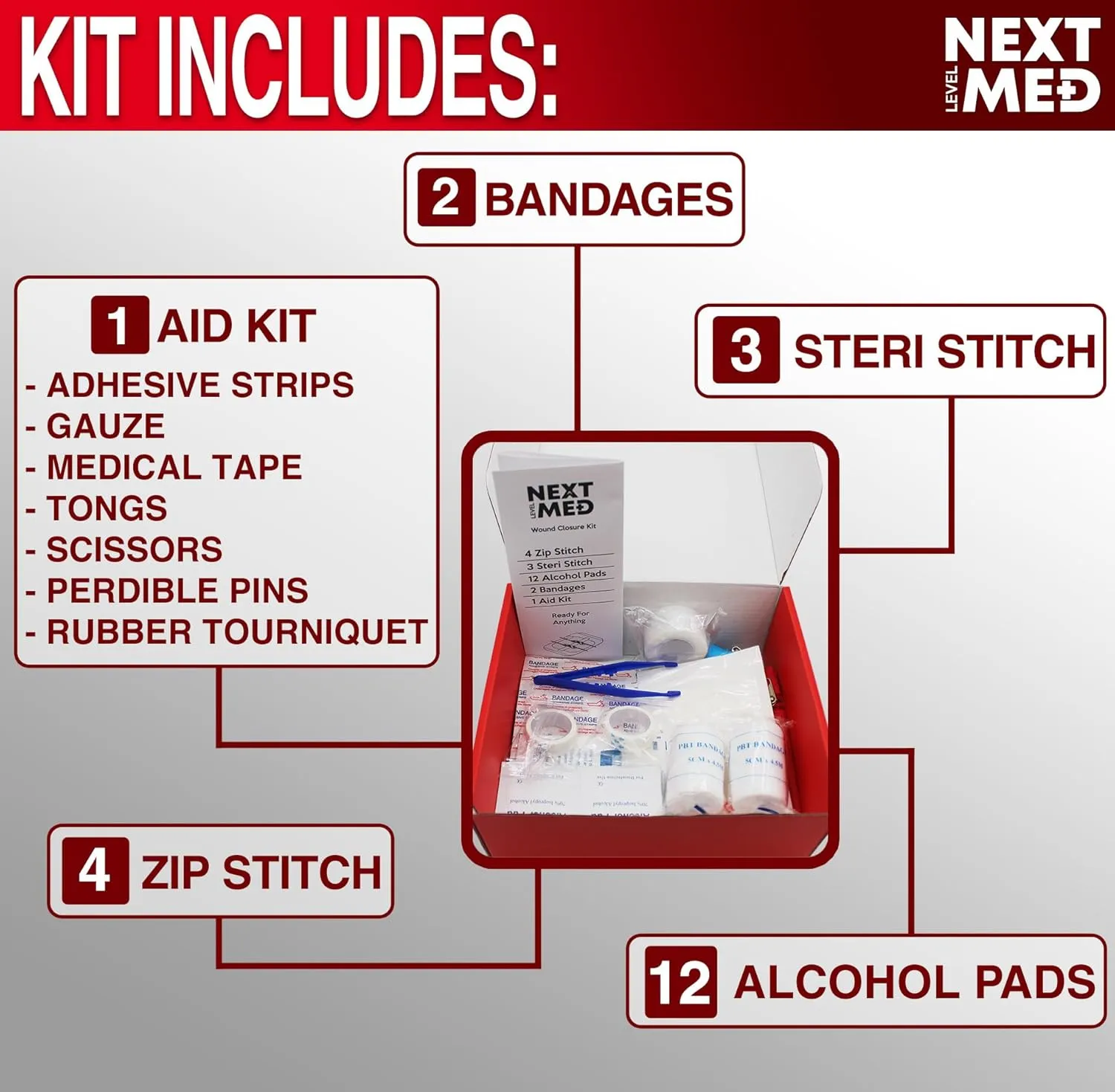 NEXT LEVEL MED Zip-Stitch Wounds & Cuts Closure Kit - Comprehensive First-Aid Set with 3 Steri Stitch & 4 Zip Stitch Variations, Complete Wound Care Without Stitches