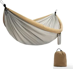 Nflatable Camping Hammock, Lightweight Double & Single Nylon Parachute Hammock, with TPU Inflatable Tube, for Backpacking, Travel, Beach (Khaki)