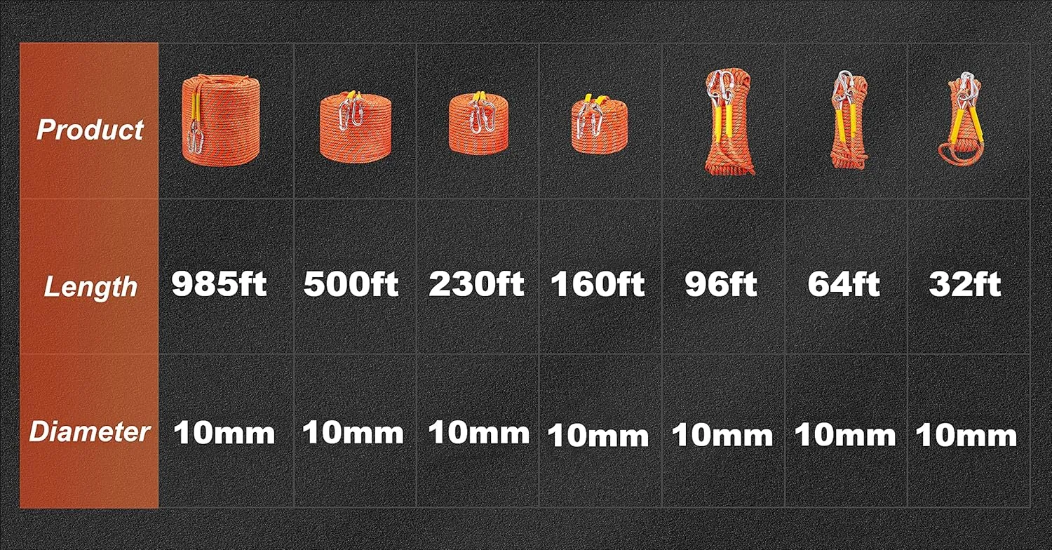 Nice C Climbing Rope, Rescue Rope, Construction Rope, Rock Climbing Rope, Static 10mm 32ft/64ft/96ft/160ft/230ft/500ft/985ft/1000ft with Carry Bag (Orange, 152M(500FT))
