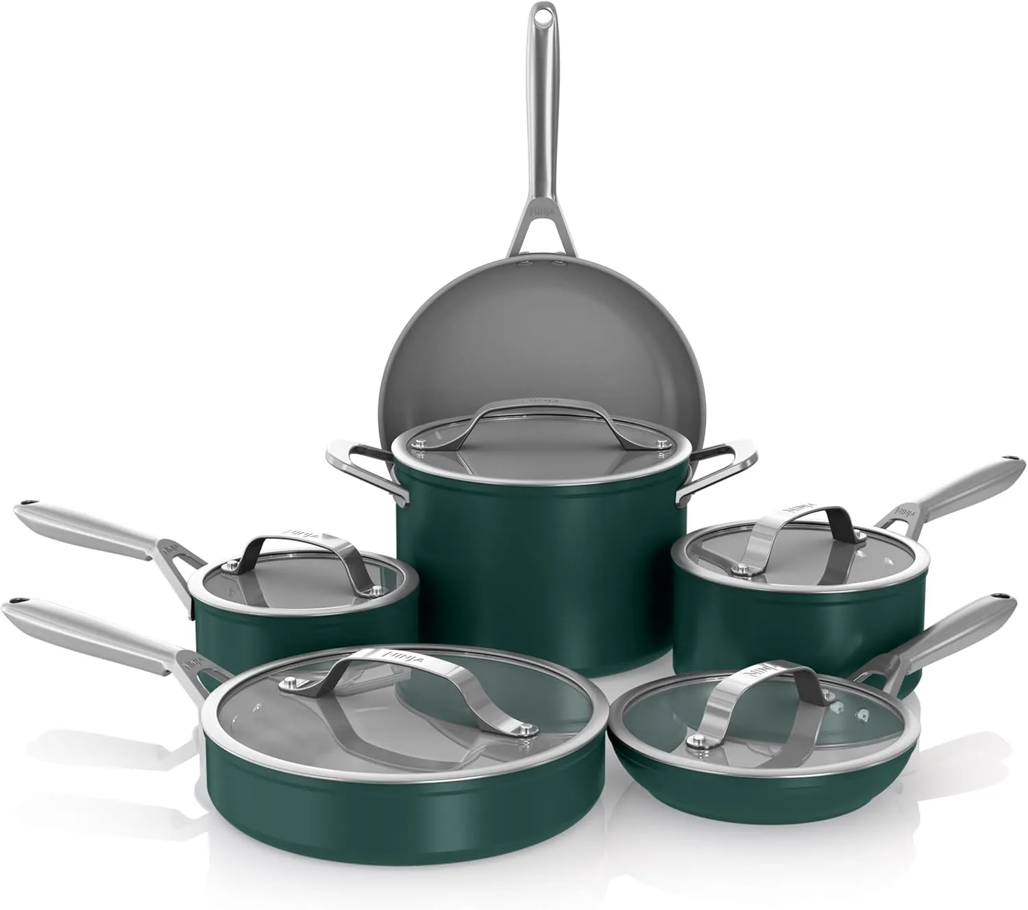 Ninja Ceramic Pro 11-Piece Cookware Set, Non-Stick Pots & Pans Set with Glass Lids, PTFE Free, Ceramic Coated, Oven Safe, All Stovetops & Induction Compatible, British Racing Green, CW39011GN