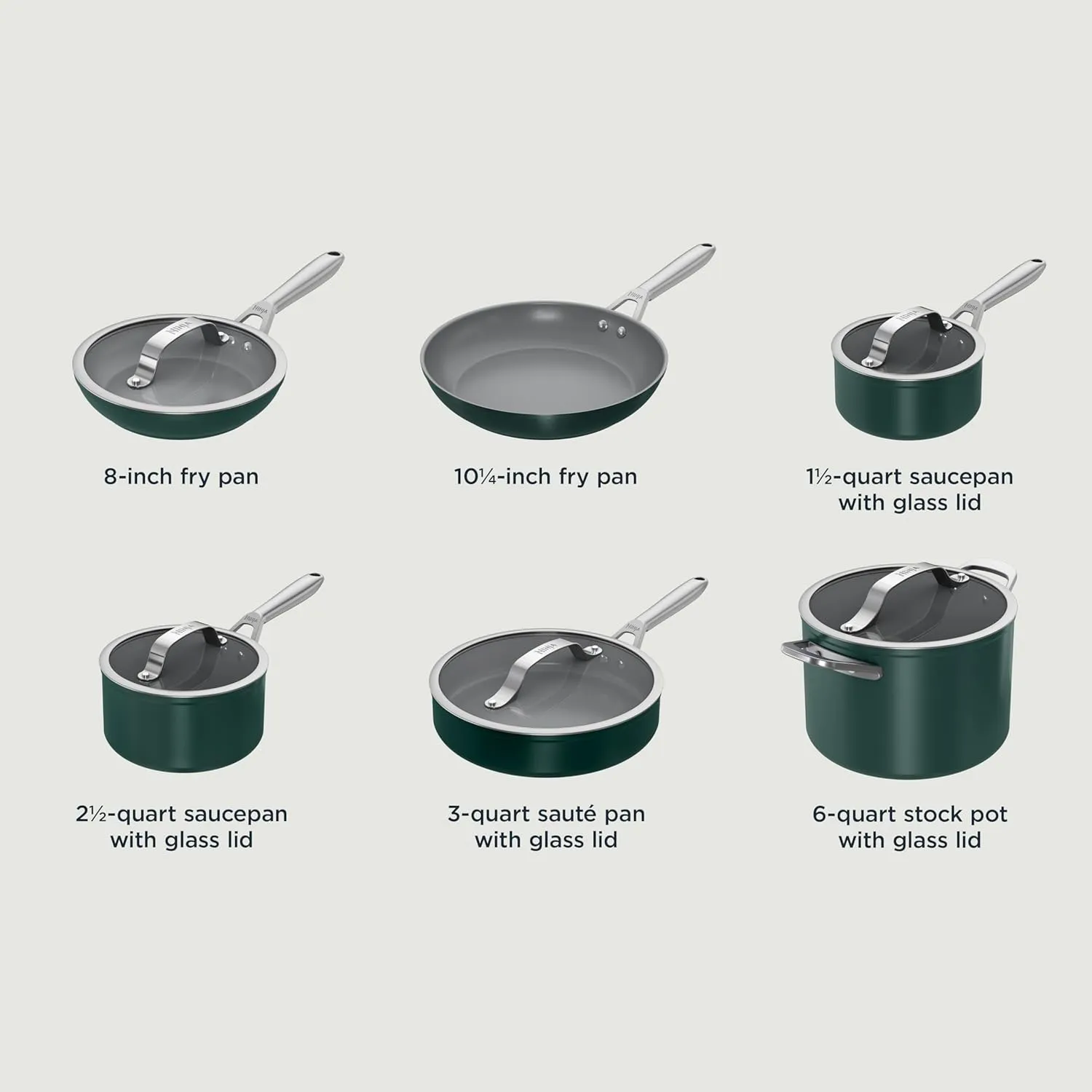 Ninja Ceramic Pro 11-Piece Cookware Set, Non-Stick Pots & Pans Set with Glass Lids, PTFE Free, Ceramic Coated, Oven Safe, All Stovetops & Induction Compatible, British Racing Green, CW39011GN