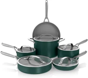 Ninja Ceramic Pro 11-Piece Cookware Set, Non-Stick Pots & Pans Set with Glass Lids, PTFE Free, Ceramic Coated, Oven Safe, All Stovetops & Induction Compatible, British Racing Green, CW39011GN