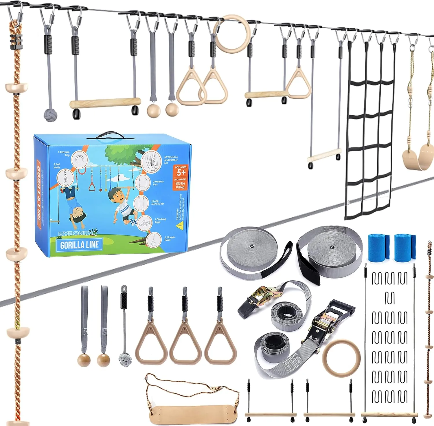 Ninja Warrior Obstacle Course for Kids – 2 x 60 ft, 880 lbs Capacity, 13 Weatherproof Obstacles, Bottom Line, Traverse Rings, Monkey Net – Easy Setup on Trees or Posts for Outdoor Fun