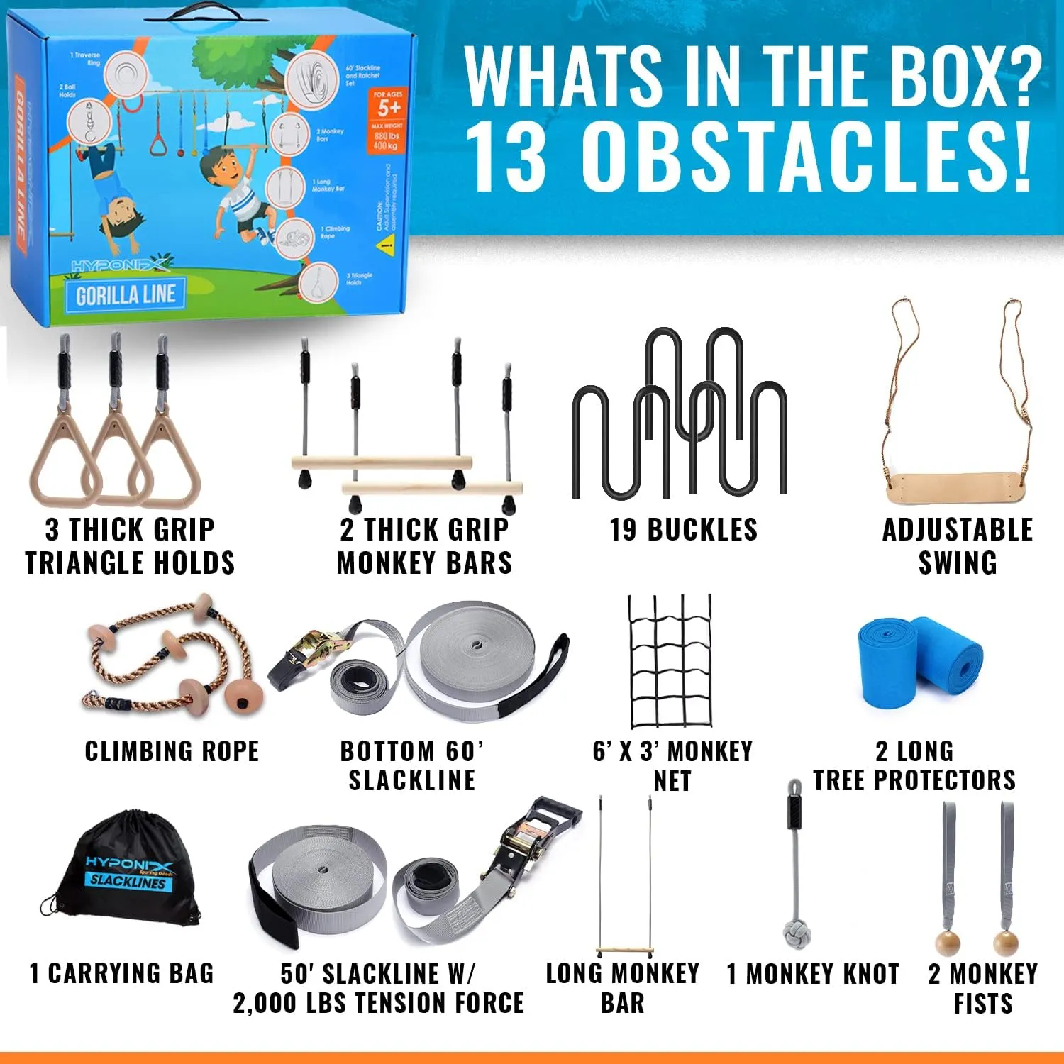 Ninja Warrior Obstacle Course for Kids – 2 x 60 ft, 880 lbs Capacity, 13 Weatherproof Obstacles, Bottom Line, Traverse Rings, Monkey Net – Easy Setup on Trees or Posts for Outdoor Fun