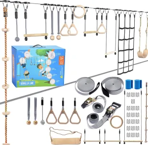 Ninja Warrior Obstacle Course for Kids – 2 x 60 ft, 880 lbs Capacity, 13 Weatherproof Obstacles, Bottom Line, Traverse Rings, Monkey Net – Easy Setup on Trees or Posts for Outdoor Fun