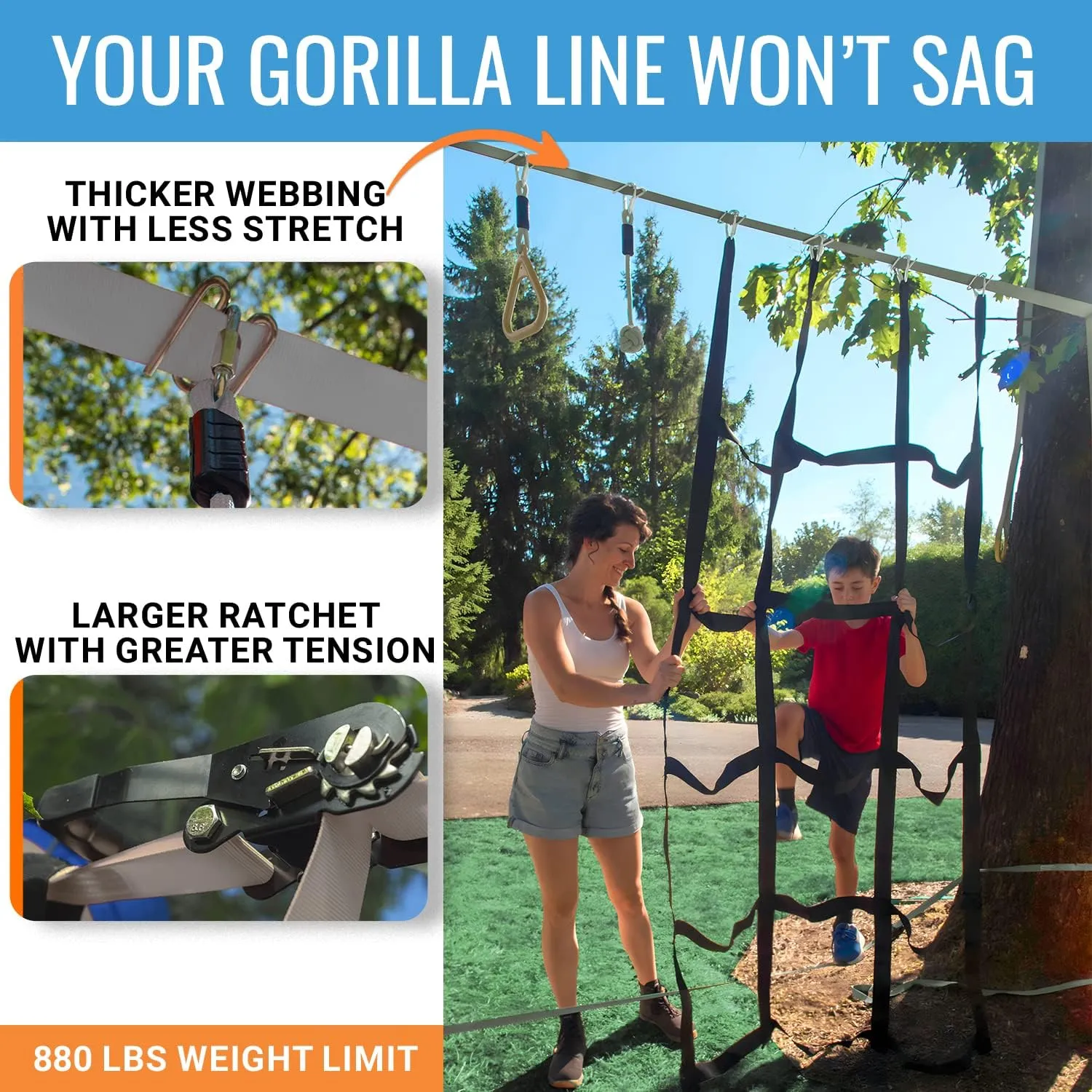 Ninja Warrior Obstacle Course for Kids – 2 x 60 ft, 880 lbs Capacity, 13 Weatherproof Obstacles, Bottom Line, Traverse Rings, Monkey Net – Easy Setup on Trees or Posts for Outdoor Fun