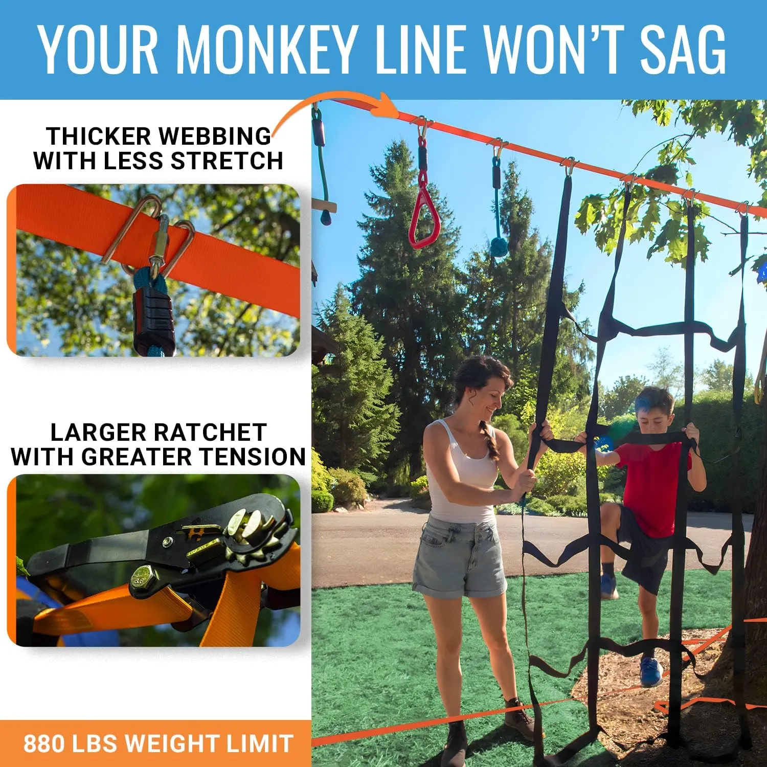 Ninja Warrior Obstacle Course for Kids, 2x50 ft Slackline, 10 Weatherproof Obstacles, Up to 880 lbs, Ages 5-12, Includes Ratchet-Tight Technology, Monkey Net, Climbing, Swinging, Outdoor Backyard Fun