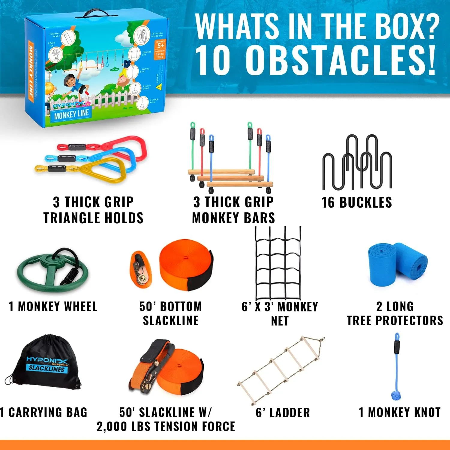 Ninja Warrior Obstacle Course for Kids, 2x50 ft Slackline, 10 Weatherproof Obstacles, Up to 880 lbs, Ages 5-12, Includes Ratchet-Tight Technology, Monkey Net, Climbing, Swinging, Outdoor Backyard Fun