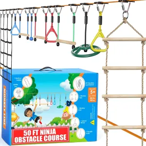 Ninja Warrior Obstacle Course for Kids, 2x50 ft Slackline, 10 Weatherproof Obstacles, Up to 880 lbs, Ages 5-12, Includes Ratchet-Tight Technology, Monkey Net, Climbing, Swinging, Outdoor Backyard Fun