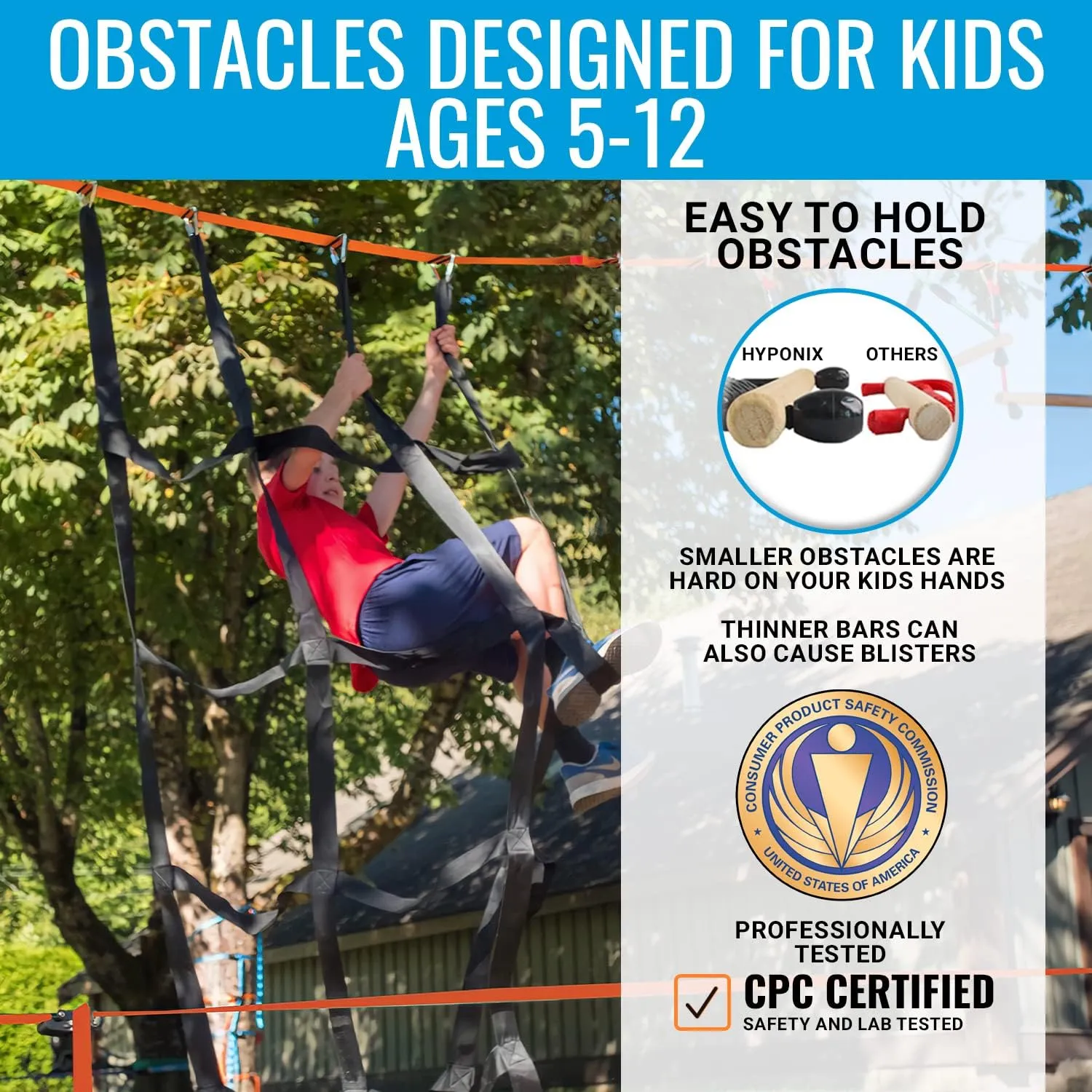 Ninja Warrior Obstacle Course for Kids, 2x50 ft Slackline, 10 Weatherproof Obstacles, Up to 880 lbs, Ages 5-12, Includes Ratchet-Tight Technology, Monkey Net, Climbing, Swinging, Outdoor Backyard Fun
