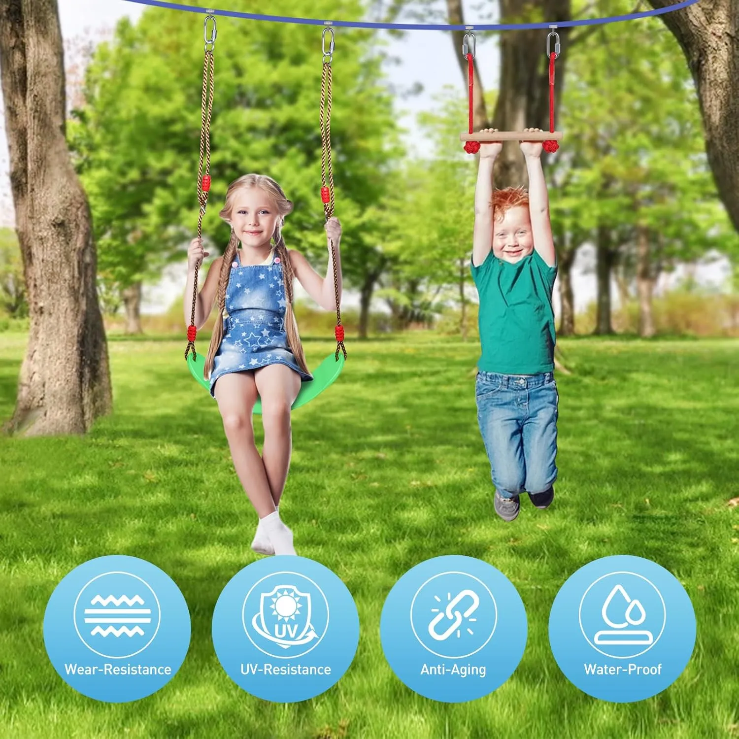 Ninja Warrior Obstacle Course for Kids, 55 FT Durable Slackline with 13 Obstacles-Swings, Monkey Bars, Arm Trainers and More, Weatherproof Outdoor Obstacle Course for Backyard, Gym, Field，3  Years Old