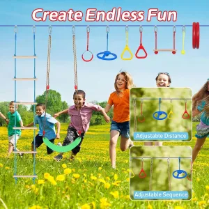 Ninja Warrior Obstacle Course for Kids, 55 FT Durable Slackline with 13 Obstacles-Swings, Monkey Bars, Arm Trainers and More, Weatherproof Outdoor Obstacle Course for Backyard, Gym, Field，3  Years Old