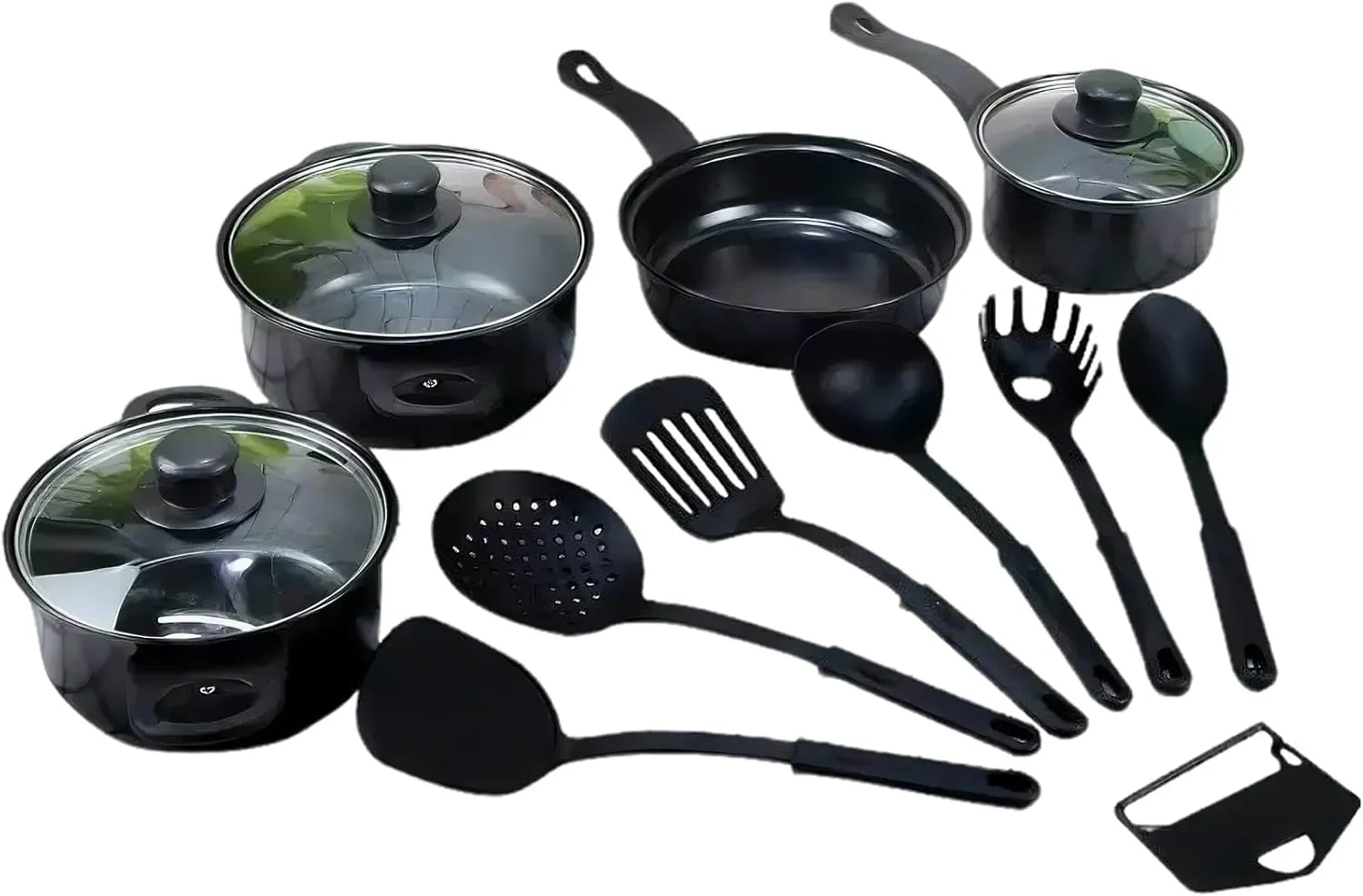 Non-Stick Cookware Set, Portable Lightweight Cast Iron Pots And Pans with Glass Lids and Nylon Utensils - 13 Piece Set, Black for Outdoor Camping Picnic Travel